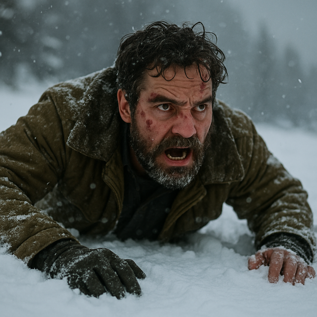 설원 위를 기어가는 부상당한 긴박한 남성 사진