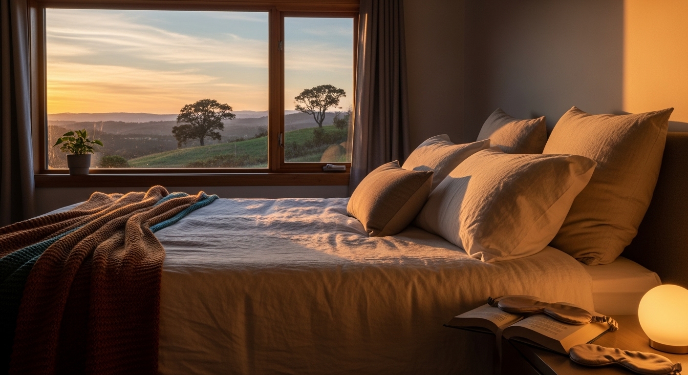 어둡고 고요한 침실, 따뜻한 조명 아래 숙면을 유도하는 편안한 침대 풍경