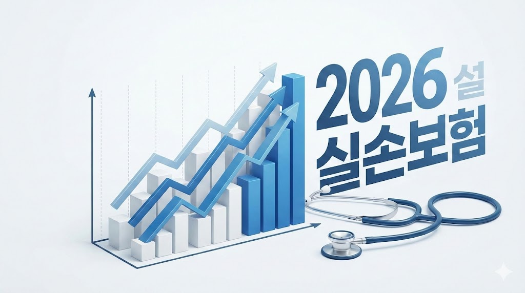 2026년 실손보험료 인상 추이를 보여주는 전문적인 비즈니스 인포그래픽 이미지
