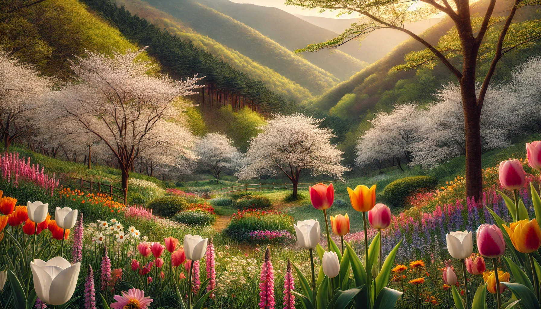 꽃, 나무, 산이 우거진 풍경 사진