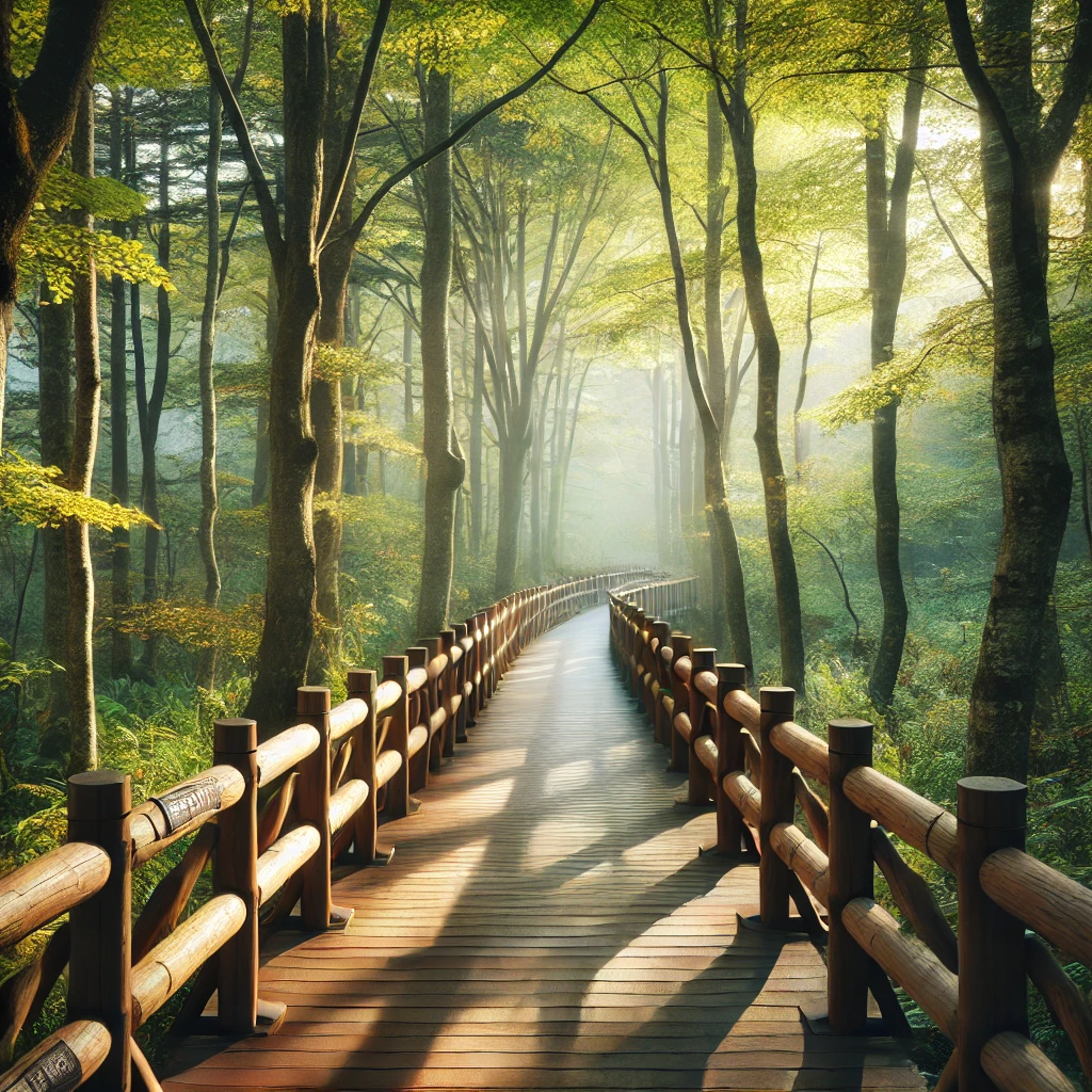 초가을 화담숲의 나무 데크 산책로&amp;#44; 햇살이 나무 사이로 비치는 평화로운 풍경