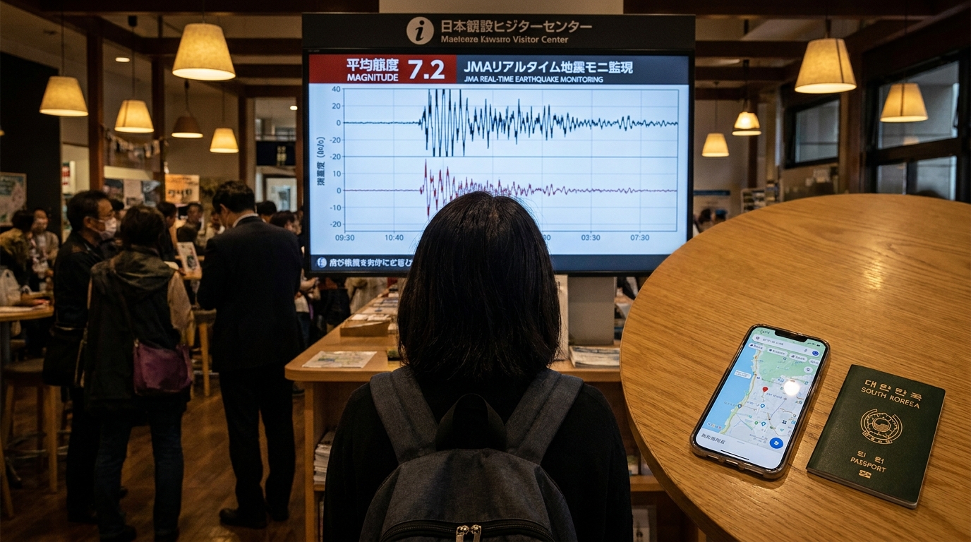 일본 지진 실시간 상황을 확인하며 여행 취소를 고민하는 여행객의 모습