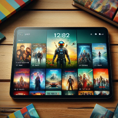 태블릿에서 SF, 액션 장르의 영화 및 시리즈 콘텐츠를 탐색하는 모습