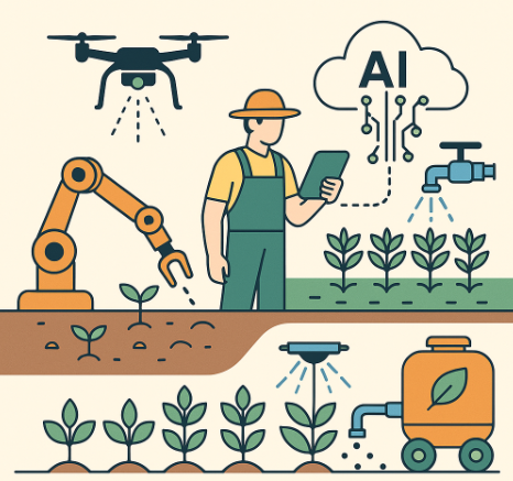 농업 생산 자동화를 표현한 인포그래픽. 센서와 로봇, 드론이 작물을 관리하고, 클라우드 AI가 데이터를 분석해 파종·관수·시비·수확을 자동 제어하는 과정을 시각화한 이미지.