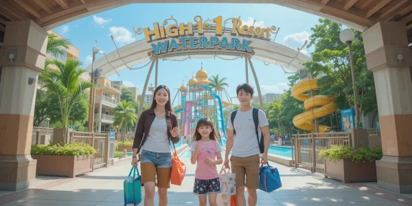 하이원리조트 야외 정원에 들어서고 있는 가족모습.