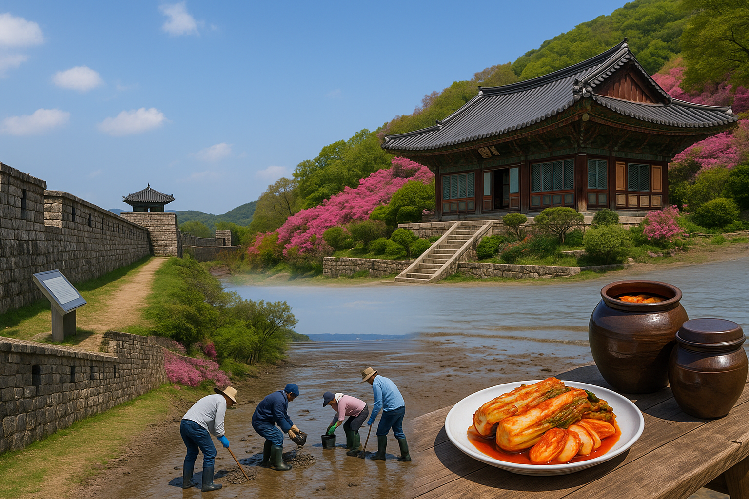 강화도의 고려궁지 성벽 너머로 진달래 핀 전등사가 보이고, 앞갯벌에서 체험객들이 조개를 캐며 옆에 강화 순무 김치 한 접시가 놓여 있는 풍성한 여행 풍경