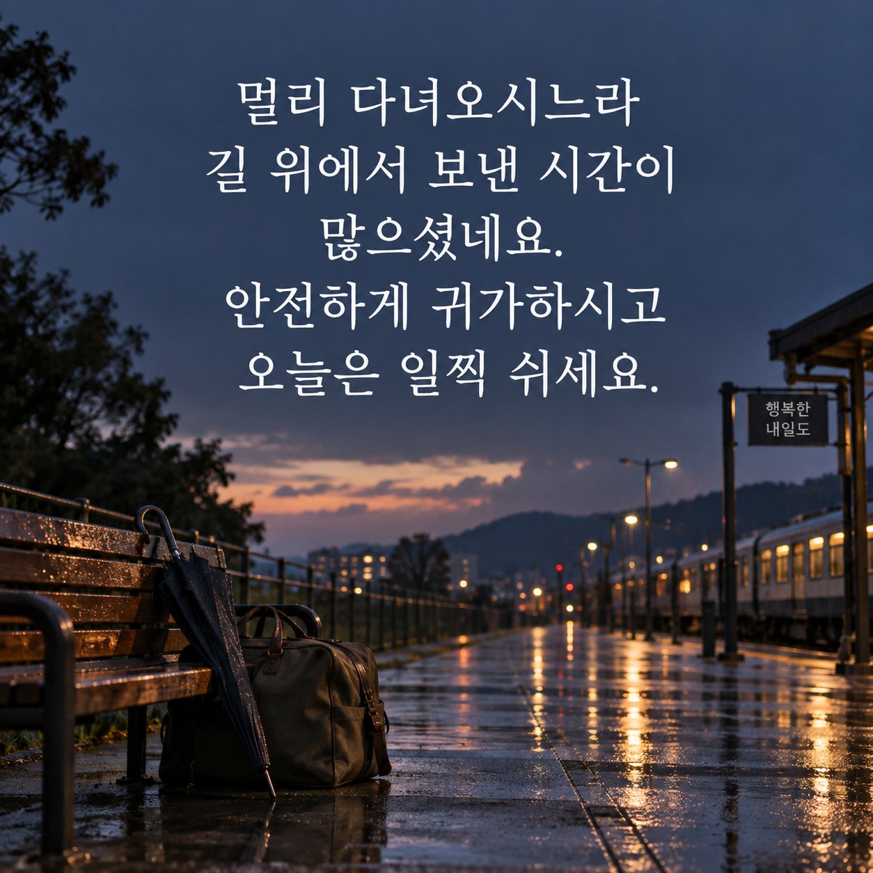 직장인 저녁 인사 이미지 16 — 멀리 다녀오시느라 길 위에서 보낸 시간이 많으셨네요. 안전하게 귀가하시고 오늘은 일찍 쉬세요.