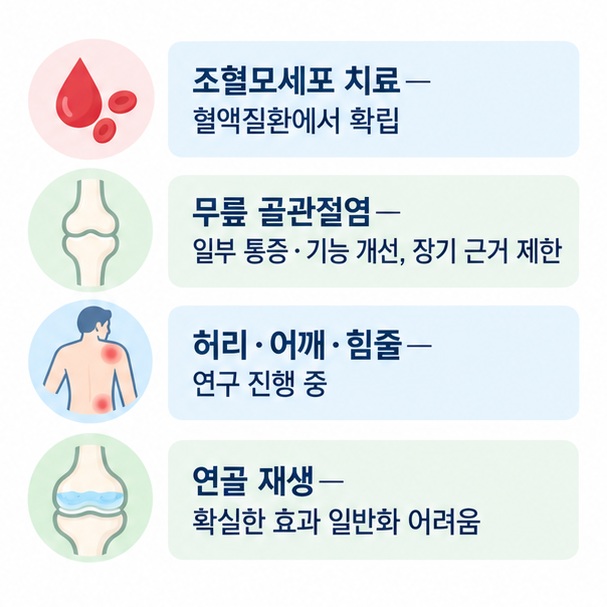 조혈모세포 치료, 무릎 골관절염, 허리 어깨 힘줄 질환, 연골 재생의 근거 수준과 확인사항을 비교한 이미지