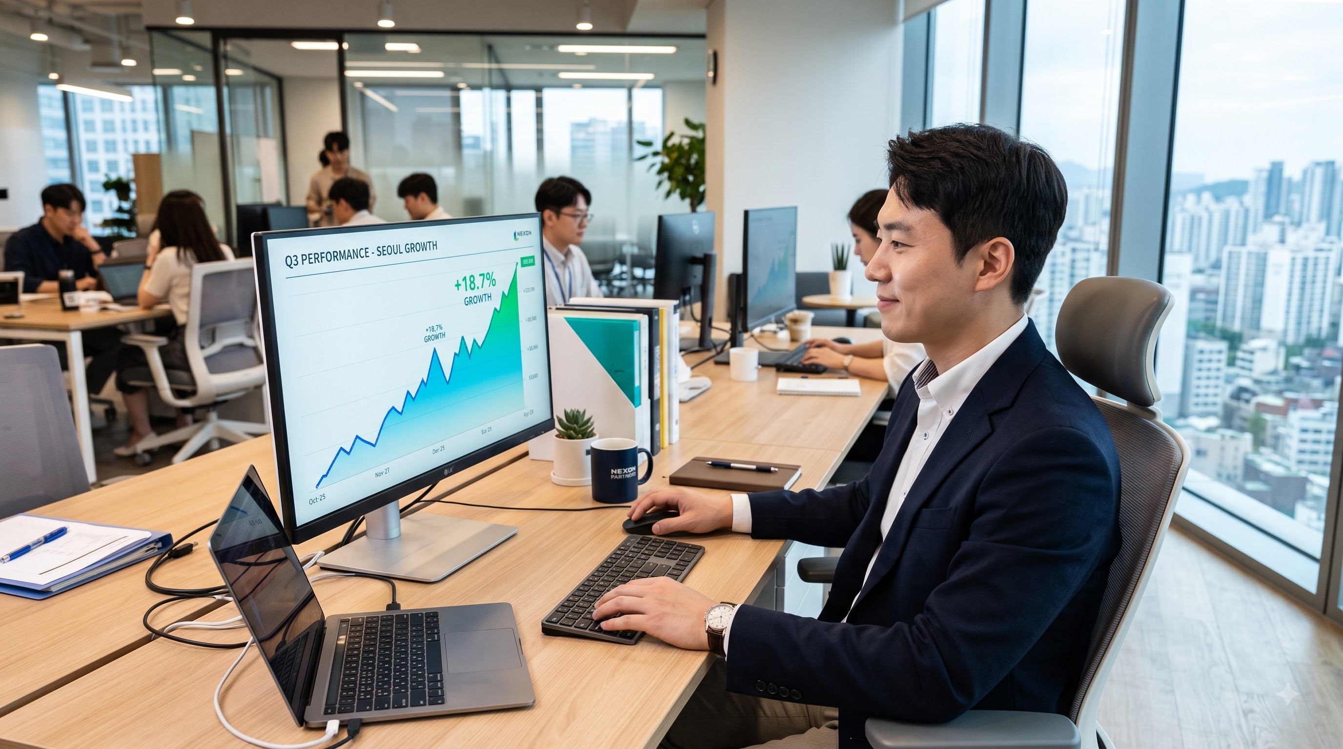 서울 사무실에서 모니터의 2025년 퇴직연금 수익률 및 상승 차트를 분석하고 있는 한국인 직장인