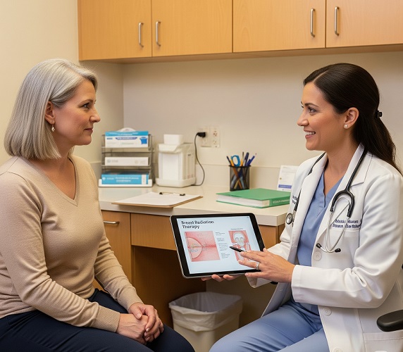 여성 의사가 유방 방사선 치료 과정을 태블릿으로 설명하고 있는 모습