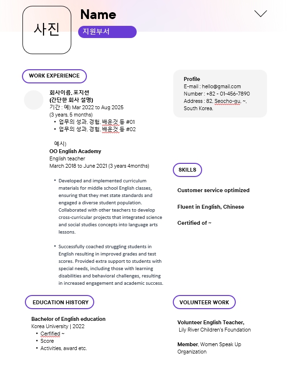 영문 이력서 샘플