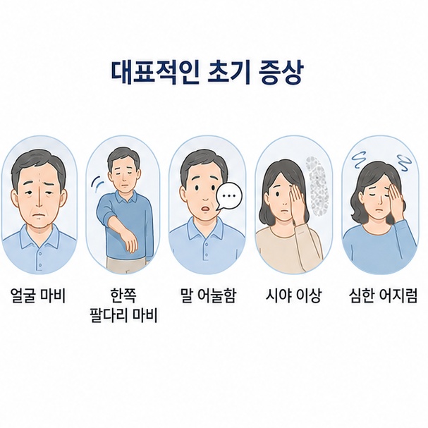 한쪽 마비와 말 어눌함, 시야 이상, 심한 어지럼 등 갑자기 나타나는 뇌경색 의심 증상을 정리한 이미지