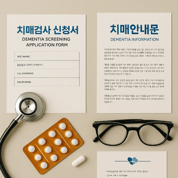 치매검사 신청서, 치매안내문, 청진기, 알약, 돋보기 안경이 정돈된 치매안심센터 관련 사물 스튜디오컷 이미지