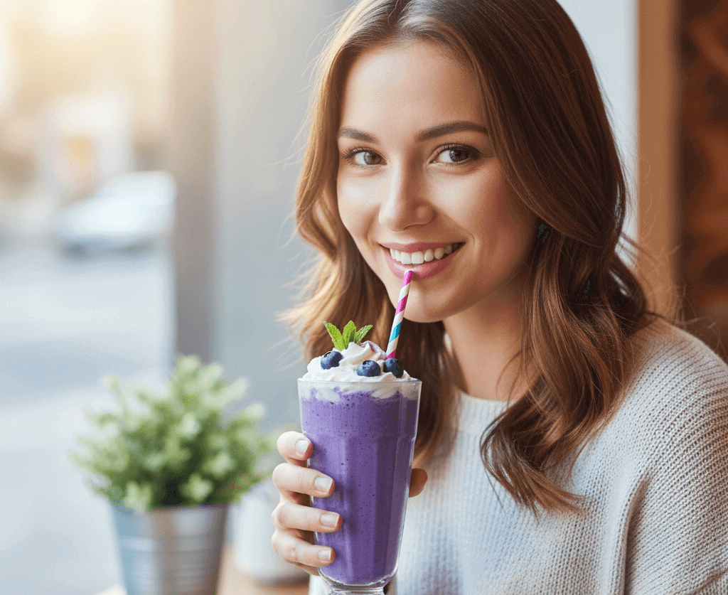 여성, 블루베리 쥬스, 웃는얼굴