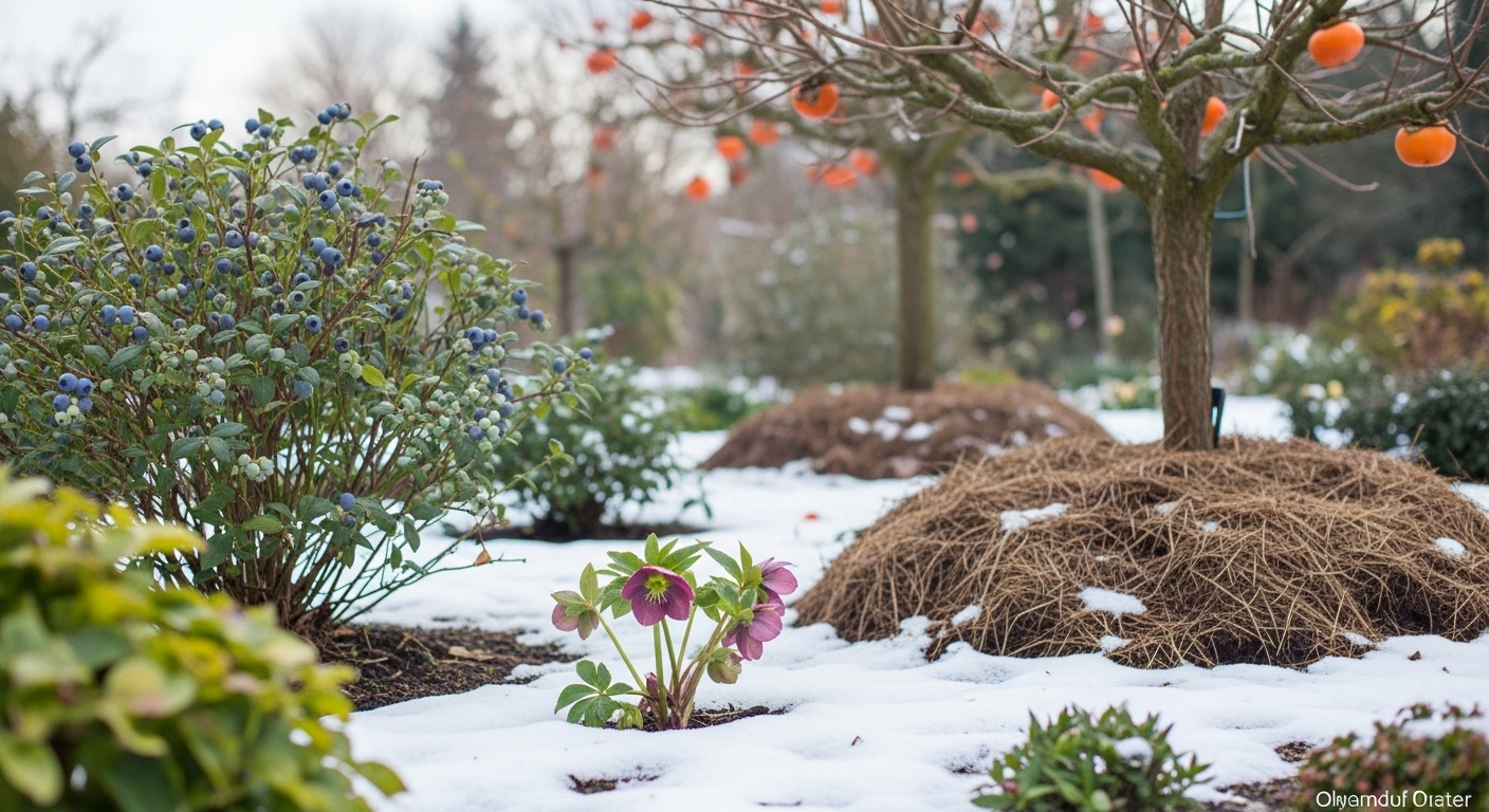 눈 덮인 겨울 정원에서 헬레보루스 꽃이 피어나고 멀칭된 블루베리 덤불과 감나무가 보이는 풍경. 추위에도 강인하게 버티는 식물들의 아름다움.