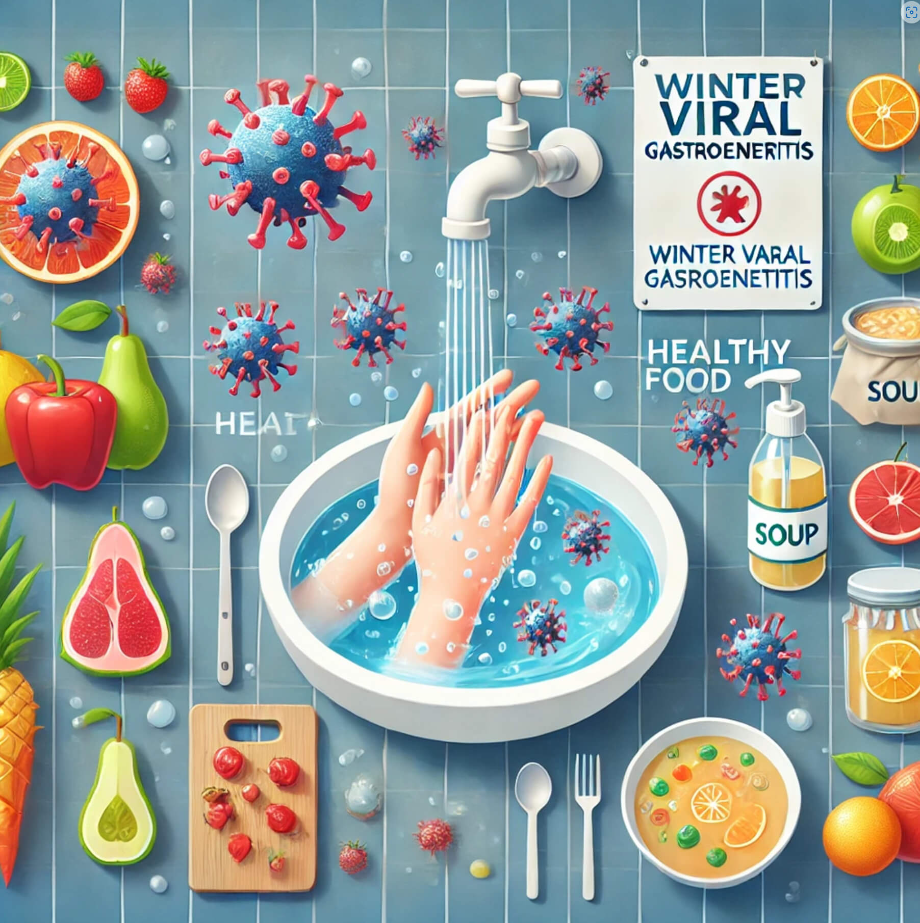 겨울철 바이러스성 장염 예방을 주제로 한 이미지. 중앙에는 흐르는 물과 비누로 손을 씻는 장면이 있으며, 주변에는 건강한 음식을 상징하는 과일과 야채, 수프 등이 놓여 있다. 공중에는 바이러스 입자가 떠다니는 모습이 보이며, 깨끗한 환경과 위생 관리를 강조하는 교육적인 구성이 돋보인다