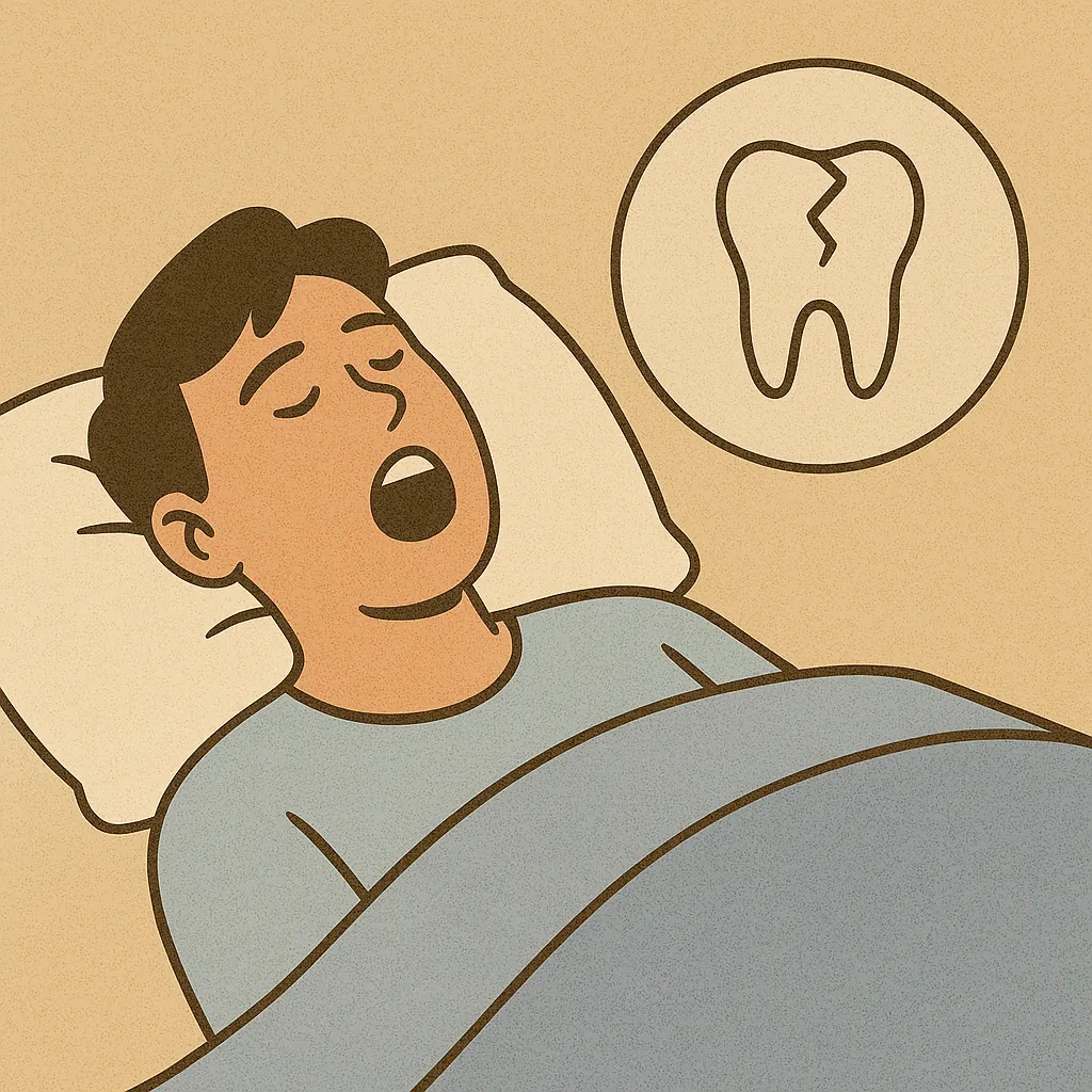 입을 벌리고 자는 남성과 함께 깨진 치아 아이콘이 표현된 건강 일러스트