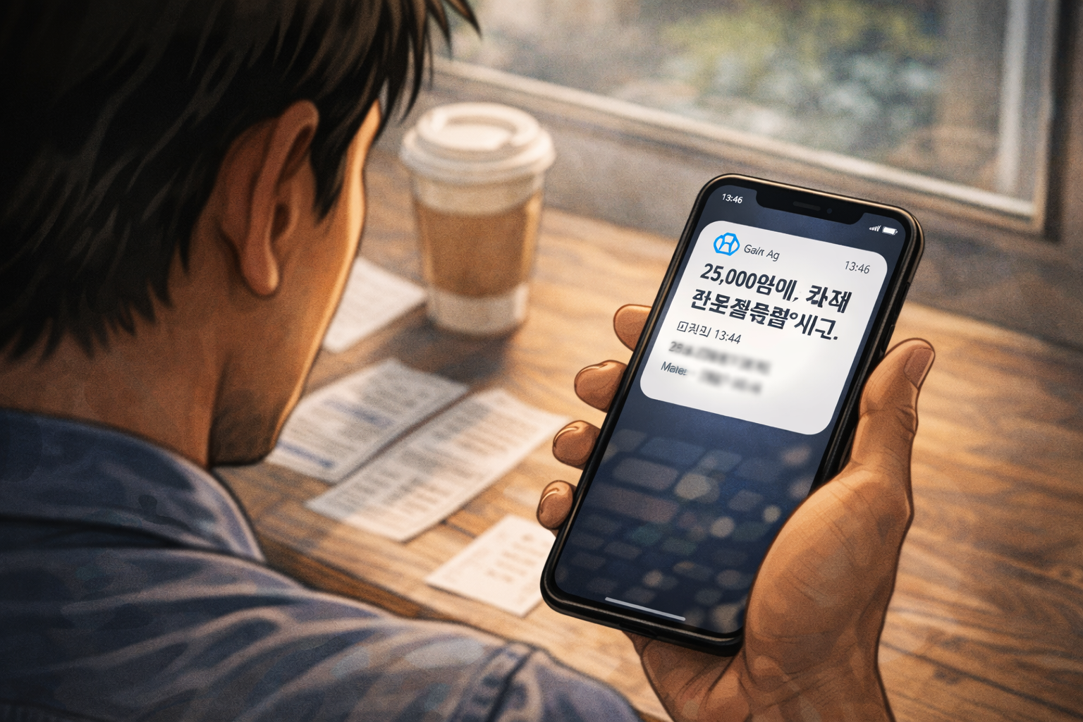 은행 알림을 확인하고 지출 이유를 되짚는 남자의 시선