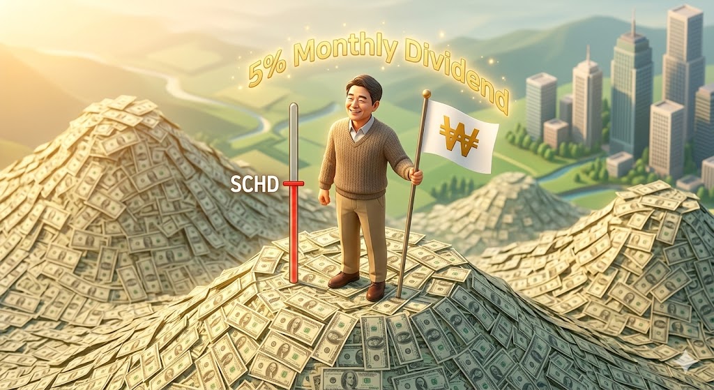 SCHD보다 높은 곳에 깃발을 꽂은 아빠와 '연 5% 월배당'이 강조된 3D 일러스트