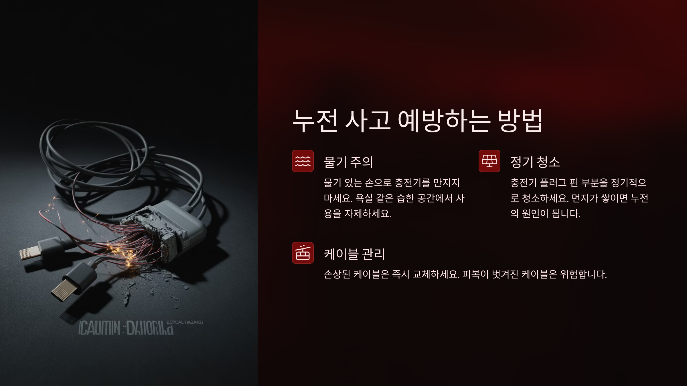 충전기를 사용하기 전 간단한 점검만으로도 사고를 예방할 수 있어요.