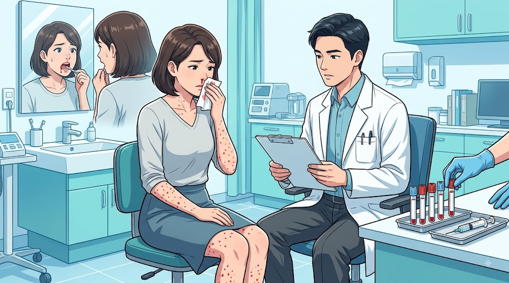 4. 다리와 팔에 자반이 있는 여성 환자가 코피와 잇몸 출혈을 동반하여 진료실에서 상담받고 혈액 검체 튜브가 준비된 장면