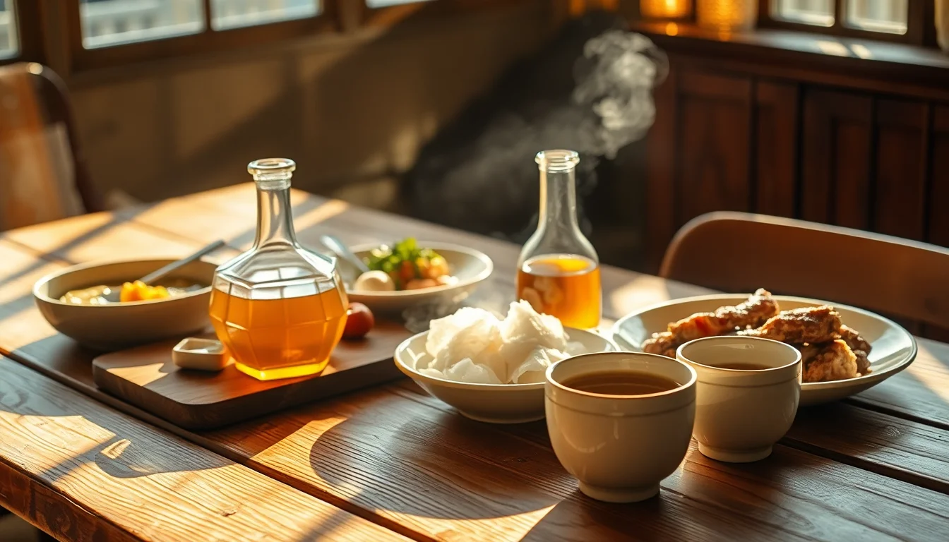 햇살 비치는 나무 식탁에 보양식과 전통주가 놓여 있다.