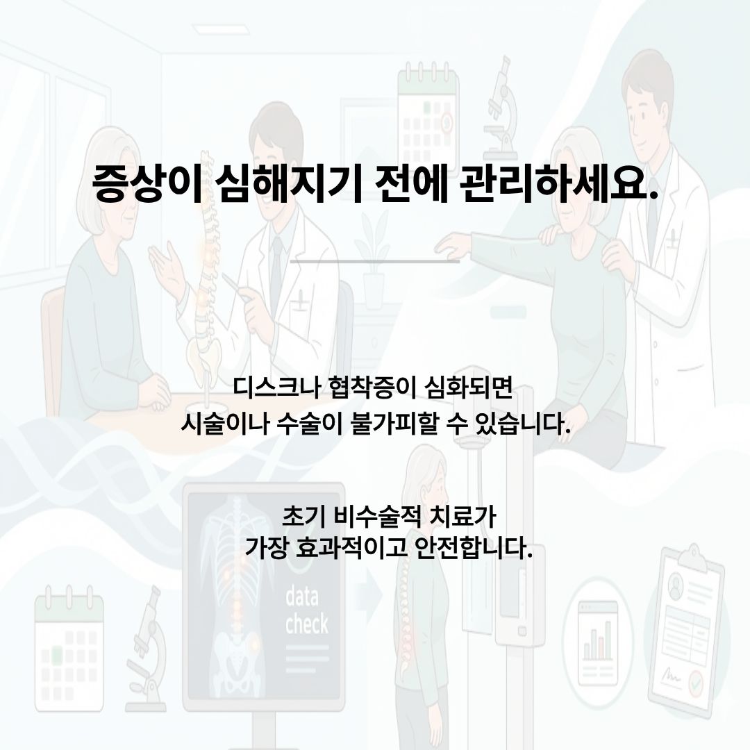 초기 비수술적 관리 안내. 디스크나 협착증 심화 전 관리를 권장하며 의사와 환자가 척추 모형을 보며 상담하는 모습.