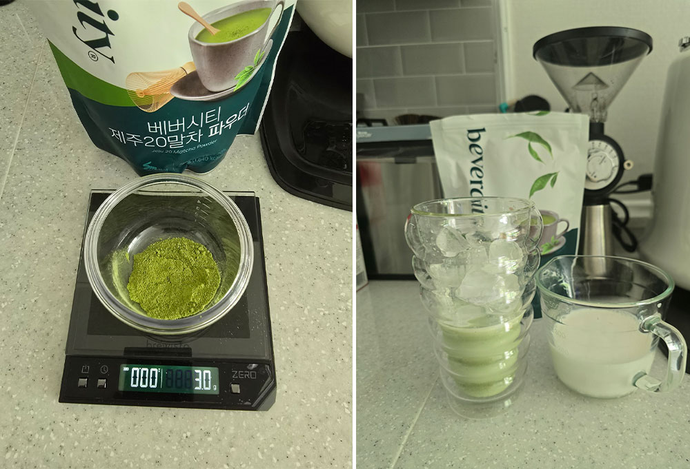 제주 말차 파우더 30g을 계량하고, 우유와 얼음을 준비했습니다.