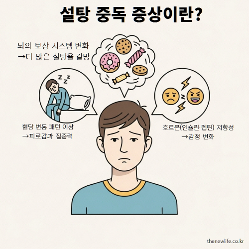 "설탕 중독 증상이란 – 뇌의 보상 시스템 변화, 호르몬 저항성, 혈당 변동 패턴 이상을 설명하는 일러스트"