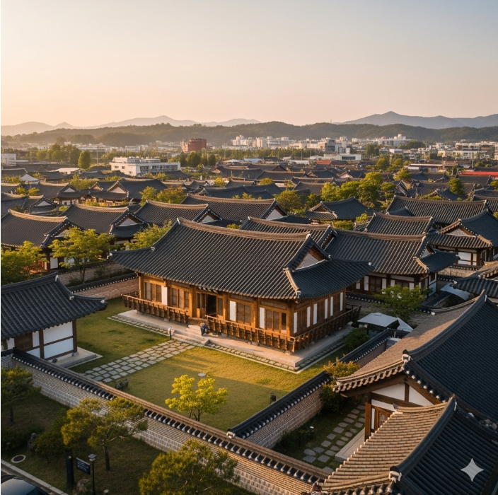 아름다운 맥심가옥의 전경을 항공 촬영하여 보여주는 이미지. 주변 경주 한옥들과 어우러진 모습으로, 건물 자체의 미학적 가치를 강조한다