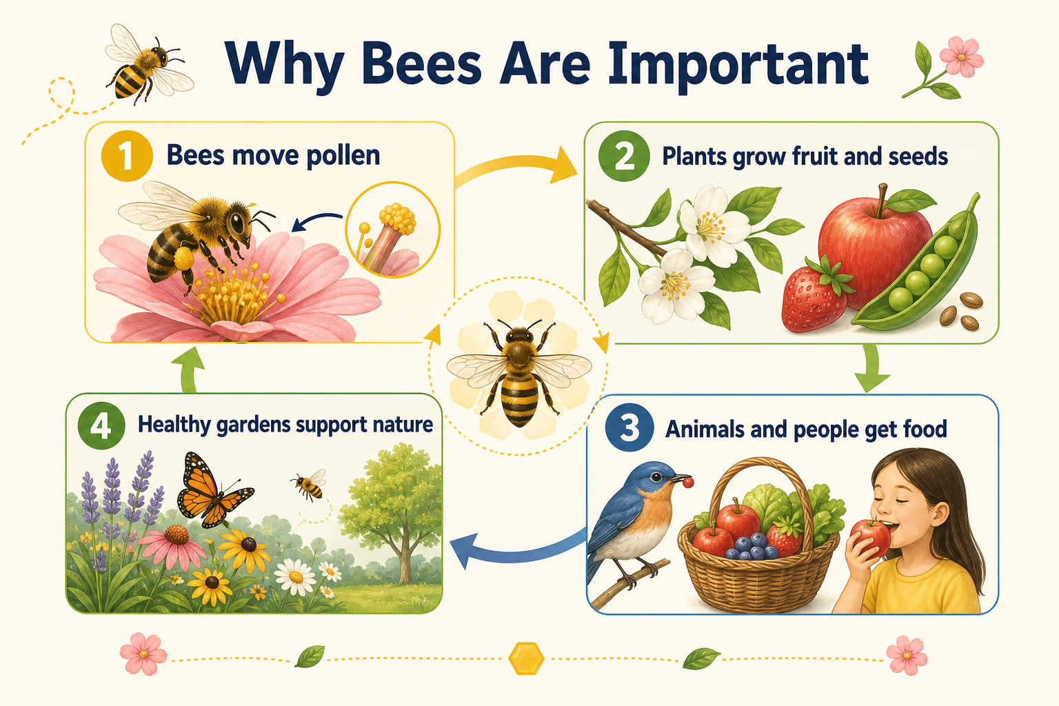 Infographic explaining why bees are important for plants and food