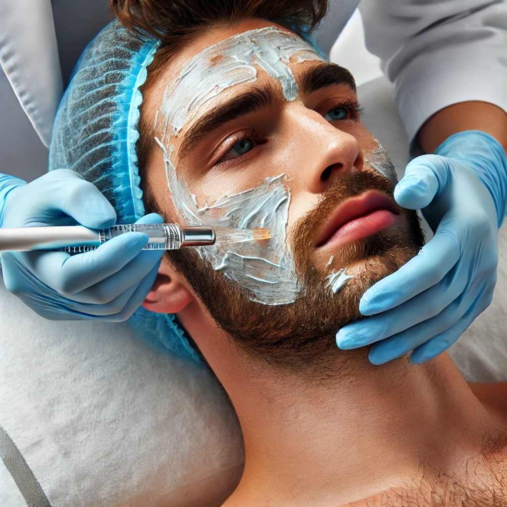 피부과에서 트리클로로아세트산(TCA)을 사용해 깊은 여드름 흉터와 주름을 치료하는 TCA 필링 시술 장면