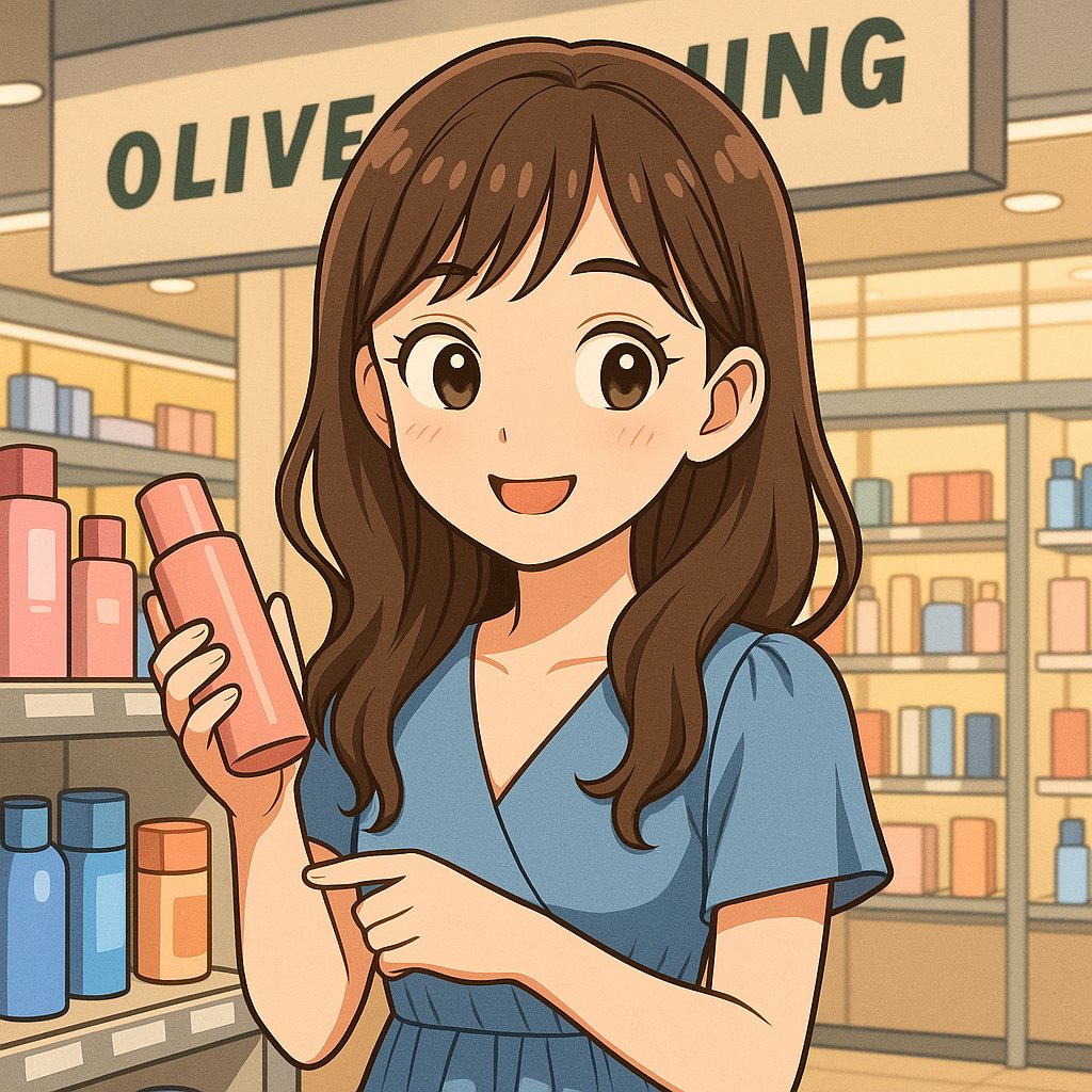 헤롱이가 올리브영 매장에서 화장품을 고르는 만화풍 일러스트