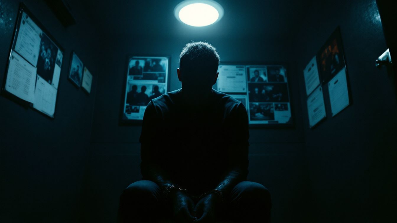 유영철 사건을 모티브로 한 심문실 속 연쇄살인범의 실루엣 이미지