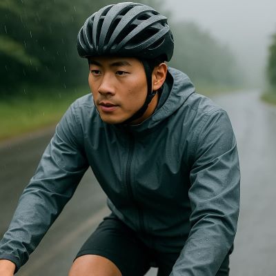 빗속 젖은 도로를 달리는 방수 재킷을 입은 사이클리스트