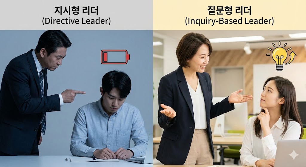 지시하는 리더 앞에서 의욕 없이 고개 숙인 직원 vs 질문하는 리더 앞에서 눈을 반짝이며 아이디어를 내는 직원의 대비