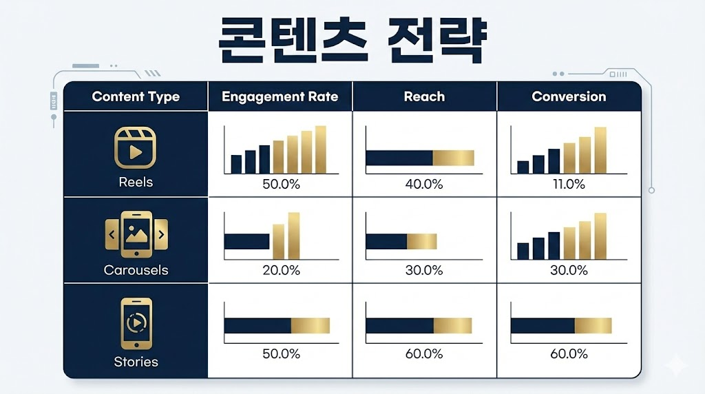 성과를 극대화하는 인스타그램 콘텐츠 전략 비교 도표