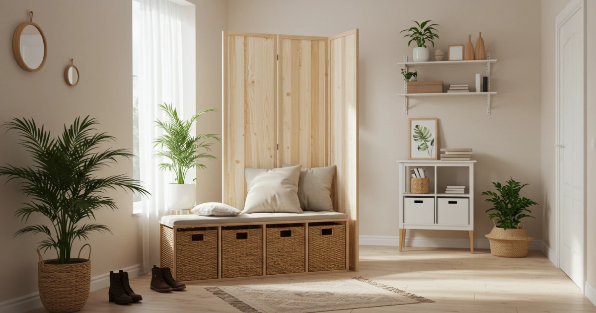 식물, 가구, 파티션으로 공간을 나눈 스타일리시한 중문 없는 현관