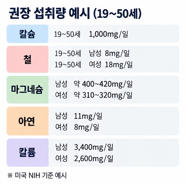 성인의 칼슘 철 마그네슘 아연 칼륨 대표 권장량 예시와 연령 성별에 따라 필요량이 달라진다는 점을 설명한 이미지