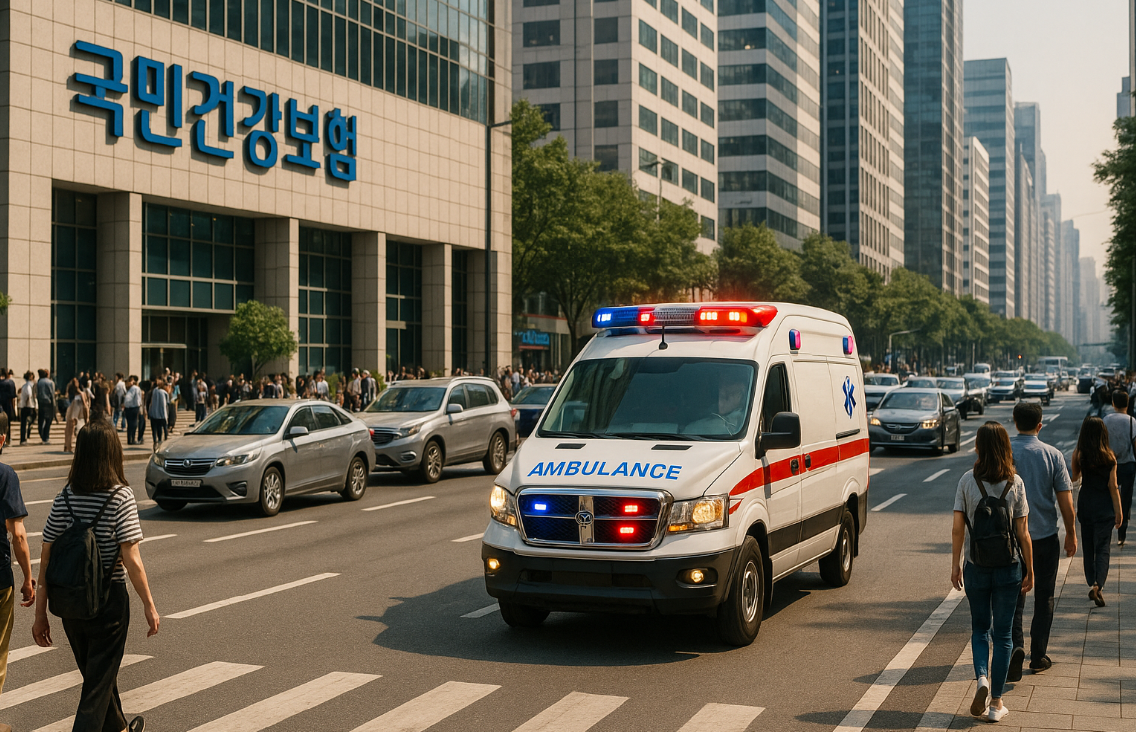 러시아워에 앰뷸런스가 도심을 달리는 모습