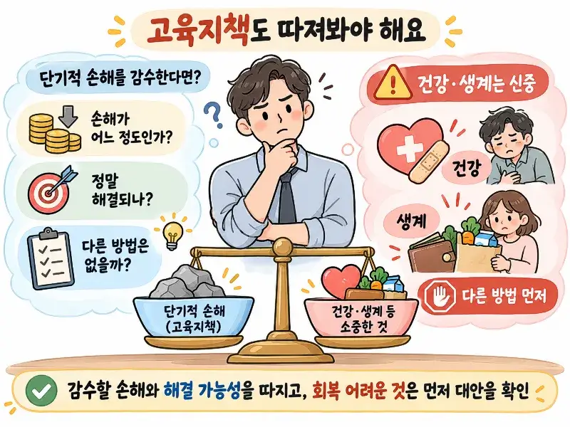 Educational illustration explaining that before choosing Goyukjichaek, a self-sacrifice strategy, people should evaluate the size of the loss, whether the problem can really be solved, and whether safer alternatives exist, especially when health or livelihood may be harmed.