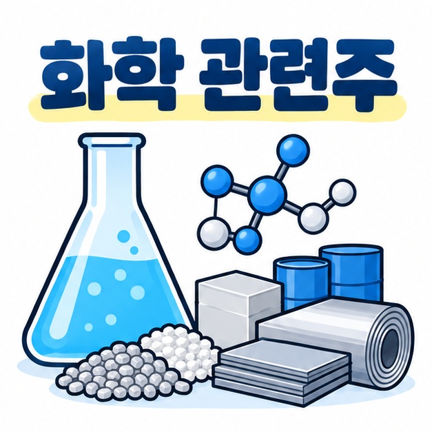 화학 관련주 핵심 문구와 화학 플라스크, 산업 소재 아이콘을 배치한 대표 썸네일