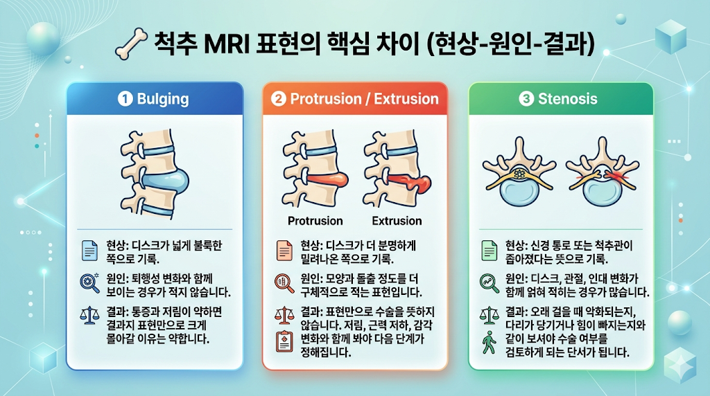 척추 디스크 및 척추관 협착증 표현과 증상 연관성 설명 이미지