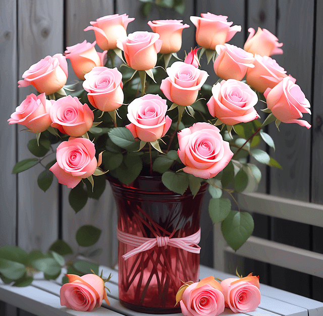 화병에 활짝 핀 분홍 장미가 20송이 꽂혀있다. 주변에도 분홍 장미 3송이가 놓여있다.