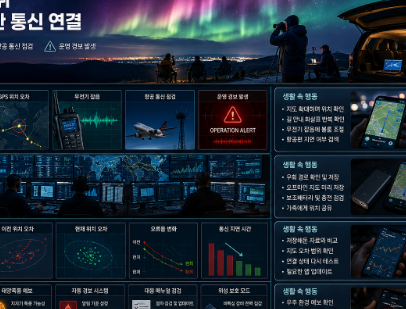 북쪽 하늘 아래 희미한 오로라와 위성 통신 관제 화면, GPS 위치 오차 복구 과정이 함께 이어지는 통신 운영 관리 장면
