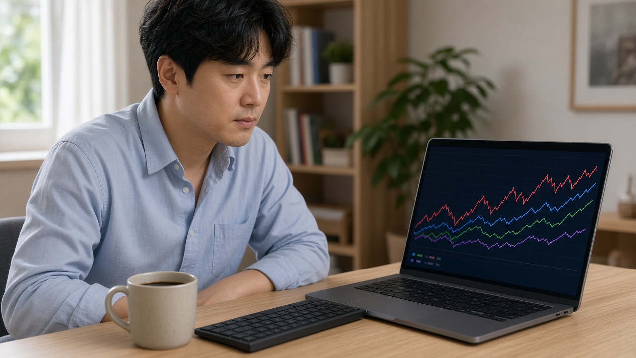 카페에서 증권 앱의 ETF 상세 화면을 확인하는 한국인 직장인 여성