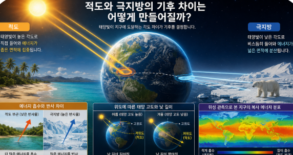 적도와 극지방에 도달하는 태양빛 각도 차이와 그림자 변화, 복사 에너지 분포를 통해 지구 기후 원리를 설명
