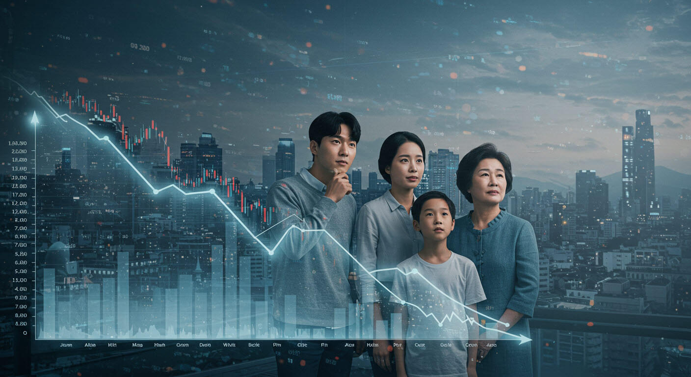한가족이 있고 뒤로는 아파트가 보이고 앞에에 내리막을 나타내는 그래프가 오버랩되어있다