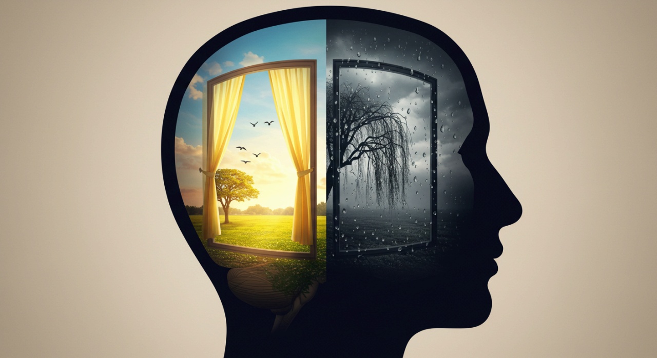 감정 상태에 따라 다르게 보이는 두 개의 창문이 사람의 머릿속에 있는 이미지