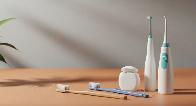 다양한 구강 관리 도구(칫솔, 치실, 치간칫솔, 워터픽)가 정돈된 모습